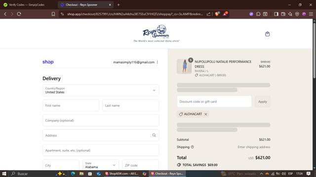 Reyn Spooner checkout page showing Reyn Spooner promo code box | Screenshot taken by SimplyCodes community member on Sep 12, 2025
