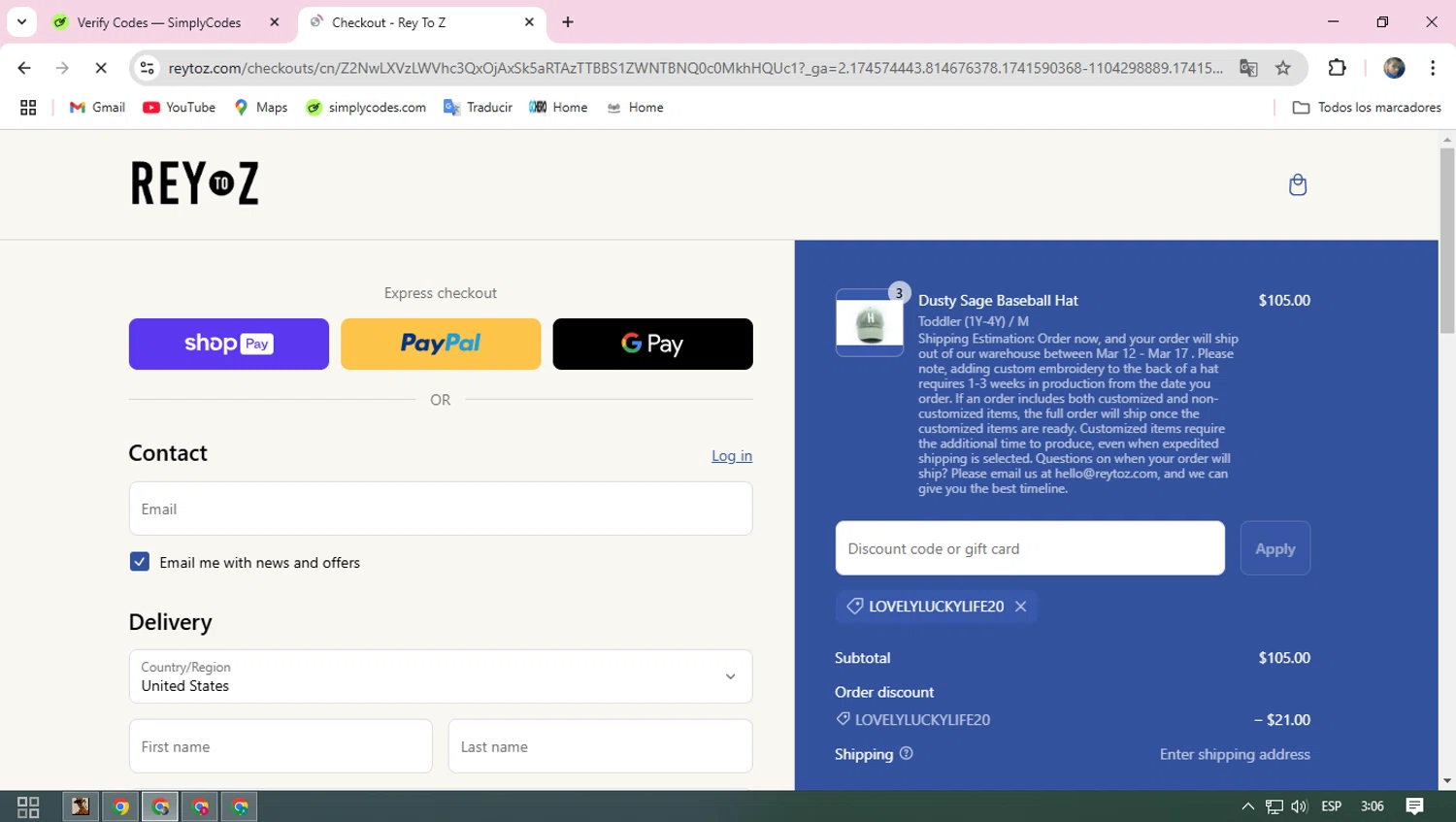Rey to Z discount code screenshot showing code LOVELYLUCKYLIFE20 applied at Rey to Z checkout page. Uploaded by SimplyCodes community member BRBRBR on Mar 10, 2025