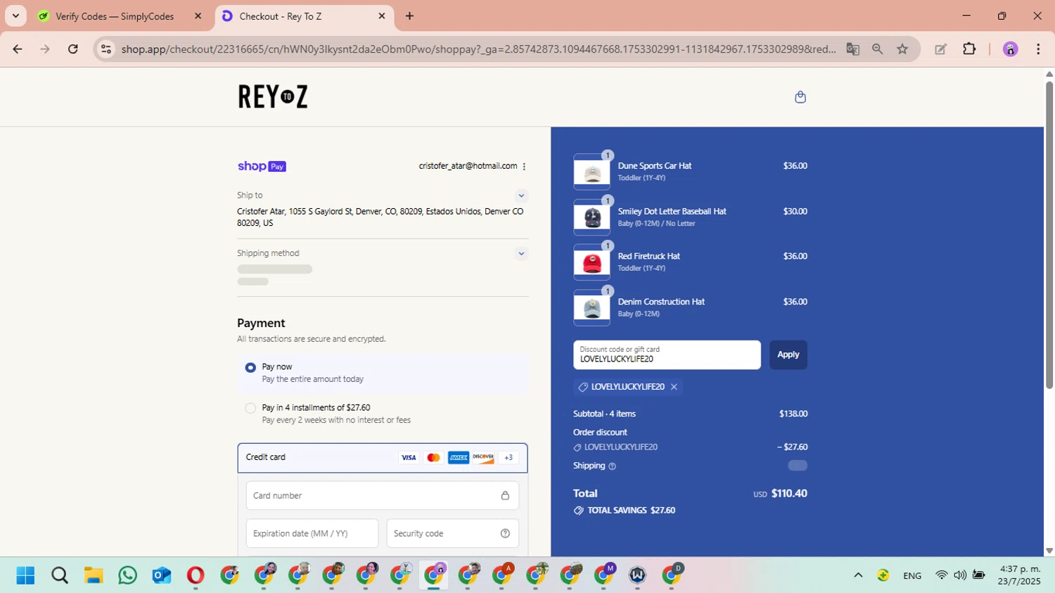 Rey to Z discount code screenshot showing code LOVELYLUCKYLIFE20 applied at Rey to Z checkout page. Uploaded by SimplyCodes community member MariAPB on Jul 23, 2025