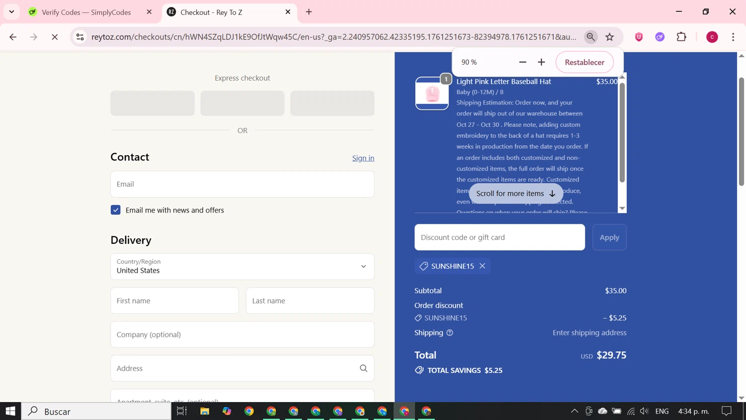 Rey to Z discount code screenshot showing code SUNSHINE15 applied at Rey to Z checkout page. Uploaded by SimplyCodes community member RewardElite5744 on Oct 23, 2025