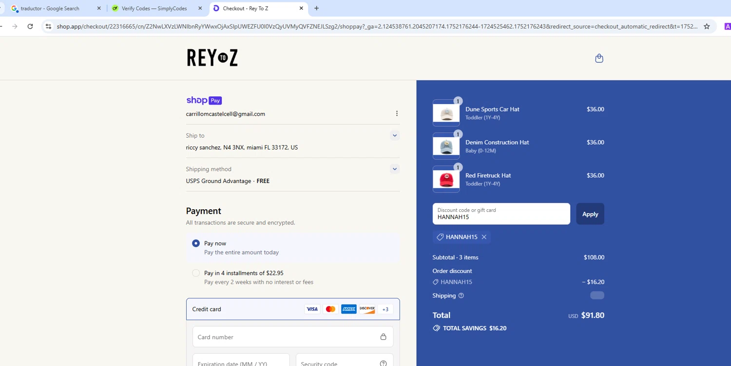 Rey to Z discount code screenshot showing code HANNAH15 applied at Rey to Z checkout page. Uploaded by SimplyCodes community member MightyMaven4946 on Jul 10, 2025
