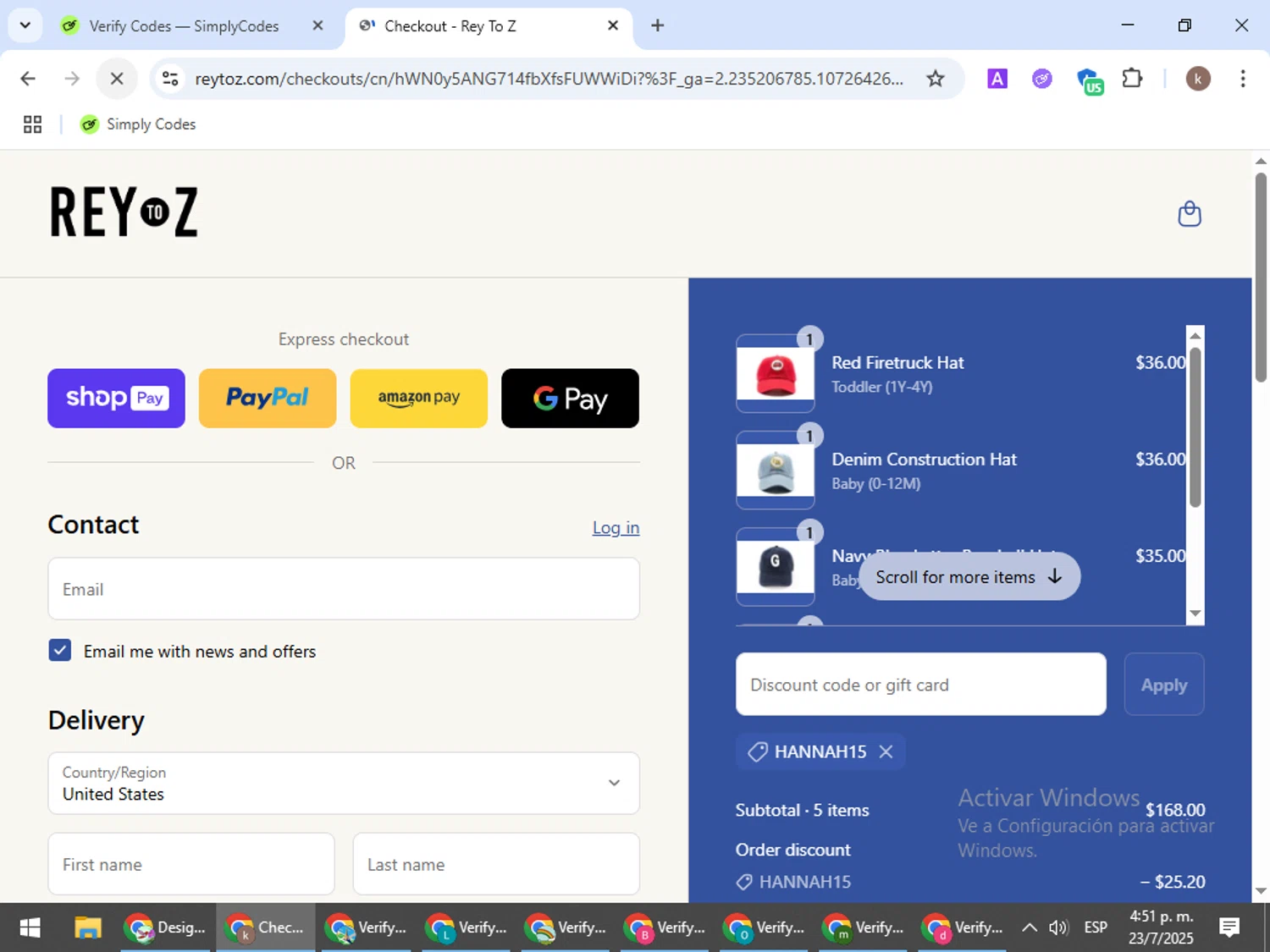 Rey to Z discount code screenshot showing code HANNAH15 applied at Rey to Z checkout page. Uploaded by SimplyCodes community member RewardRanger298 on Jul 23, 2025