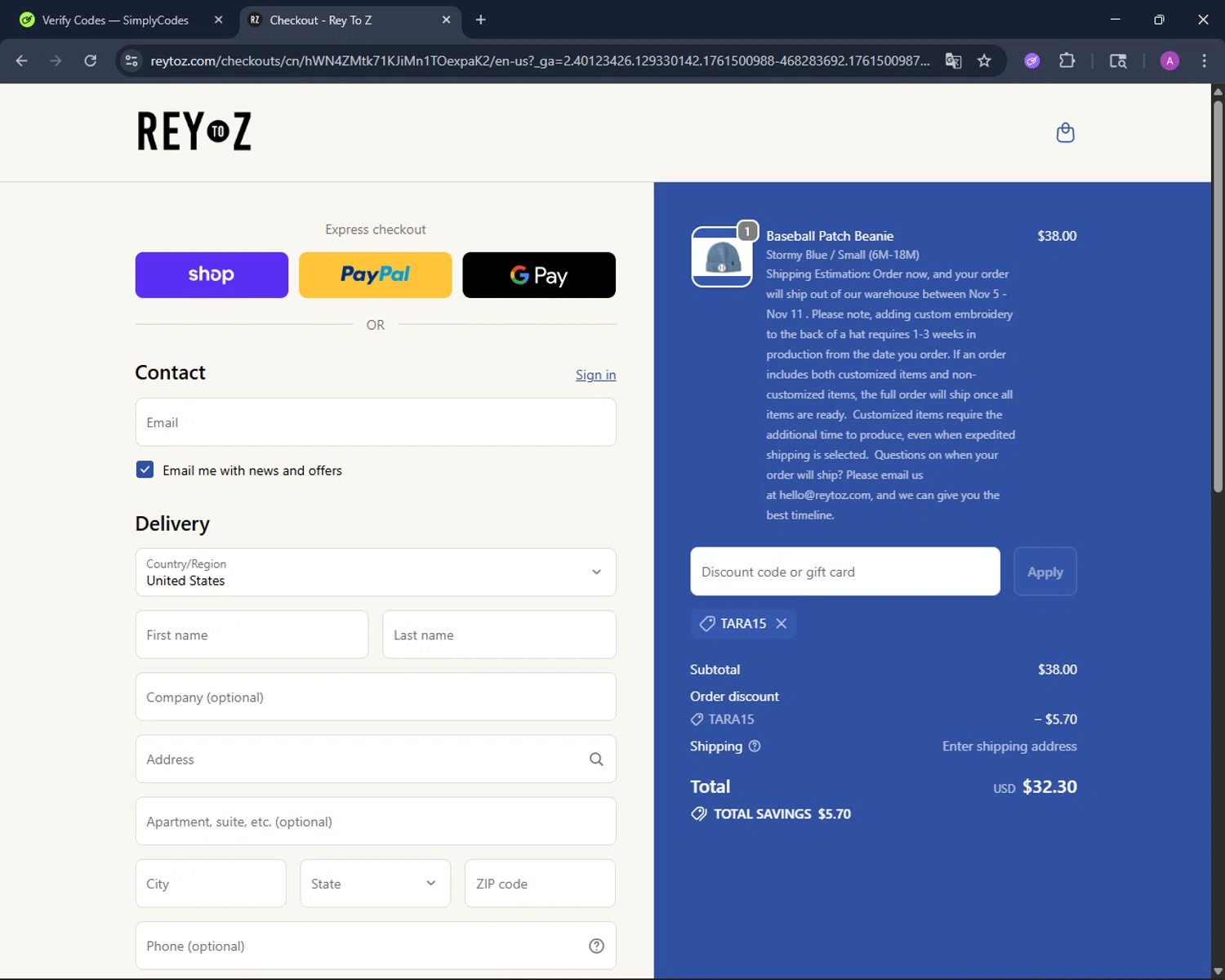 Rey to Z discount code screenshot showing code TARA15 applied at Rey to Z checkout page. Uploaded by SimplyCodes community member AV2ACG on Oct 26, 2025