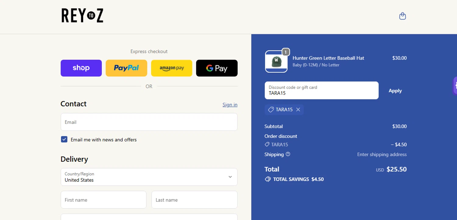 Rey to Z discount code screenshot showing code TARA15 applied at Rey to Z checkout page. Uploaded by SimplyCodes community member shark12 on Oct 26, 2025