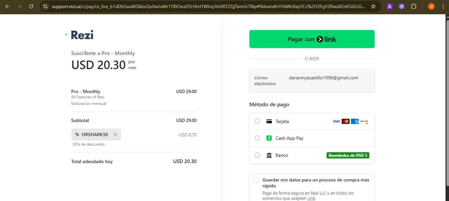 Rezi promo code screenshot showing code HRSHARK30 applied at Rezi checkout page. Uploaded by SimplyCodes community member PennyAdmiral6960 on Nov 22, 2025