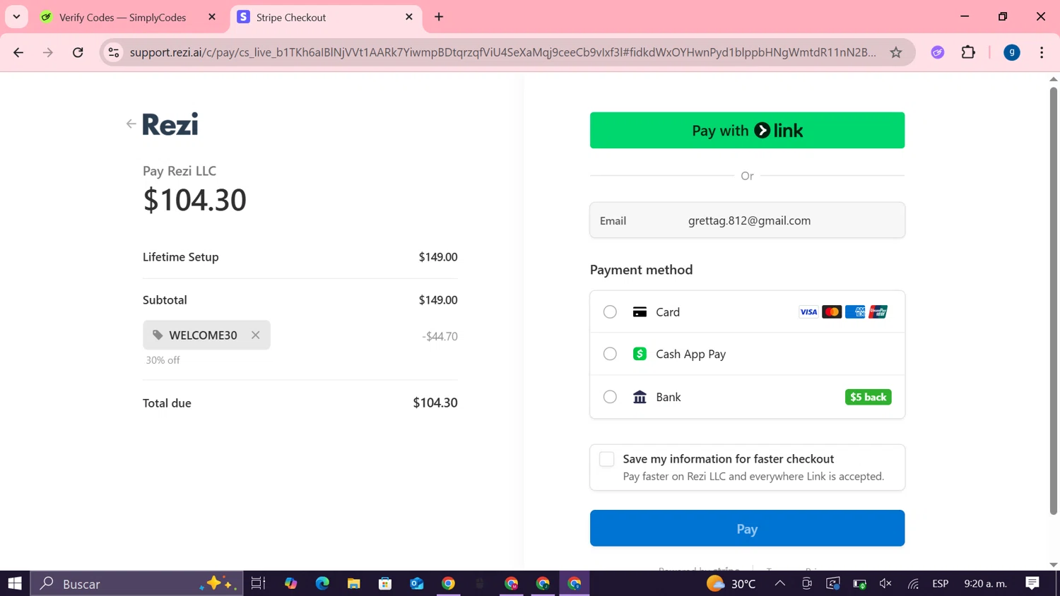 Rezi promo code screenshot showing code WELCOME30 applied at Rezi checkout page. Uploaded by SimplyCodes community member MoneyTiger7289 on Aug 5, 2025