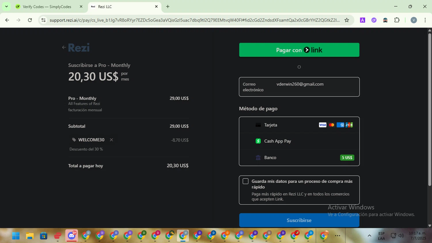 Rezi promo code screenshot showing code WELCOME30 applied at Rezi checkout page. Uploaded by SimplyCodes community member SwiftScout1619 on Jul 7, 2025