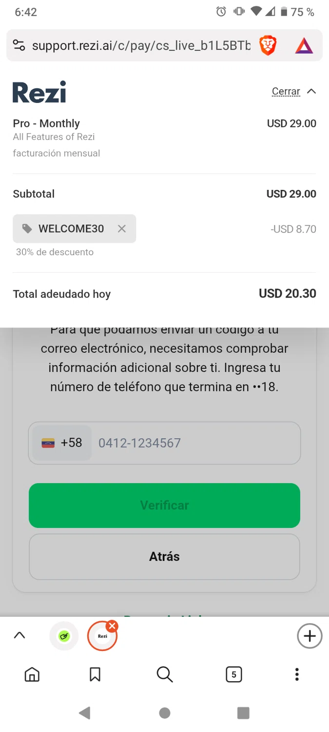 Rezi promo code screenshot showing code WELCOME30 applied at Rezi checkout page. Uploaded by SimplyCodes community member victor on Sep 3, 2025