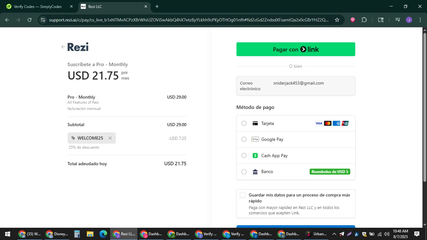 Rezi promo code screenshot showing code WELCOME25 applied at Rezi checkout page. Uploaded by SimplyCodes community member sniderjack453 on Aug 7, 2025