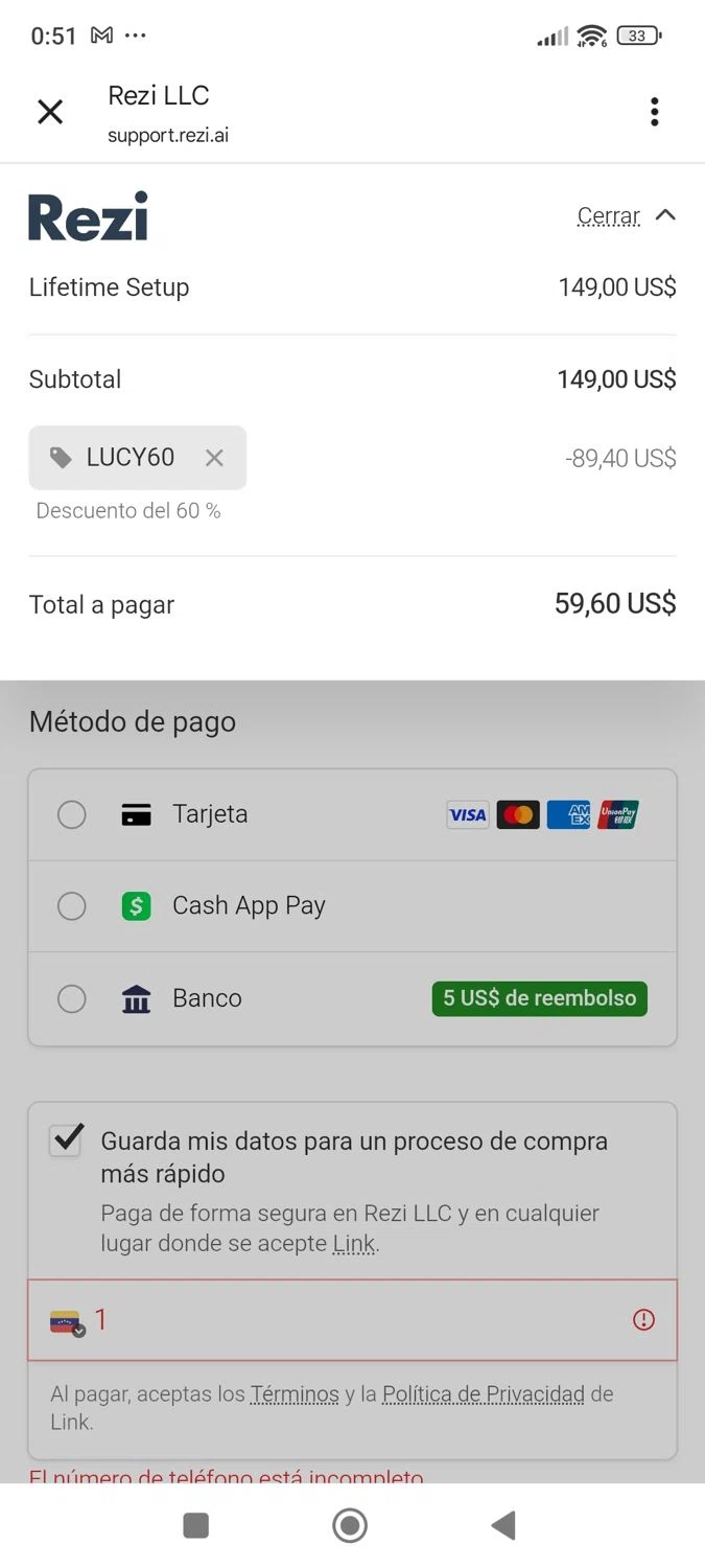 Rezi promo code screenshot showing code LUCY60 applied at Rezi checkout page. Uploaded by SimplyCodes community member ShieldWhiz4659 on Nov 22, 2025