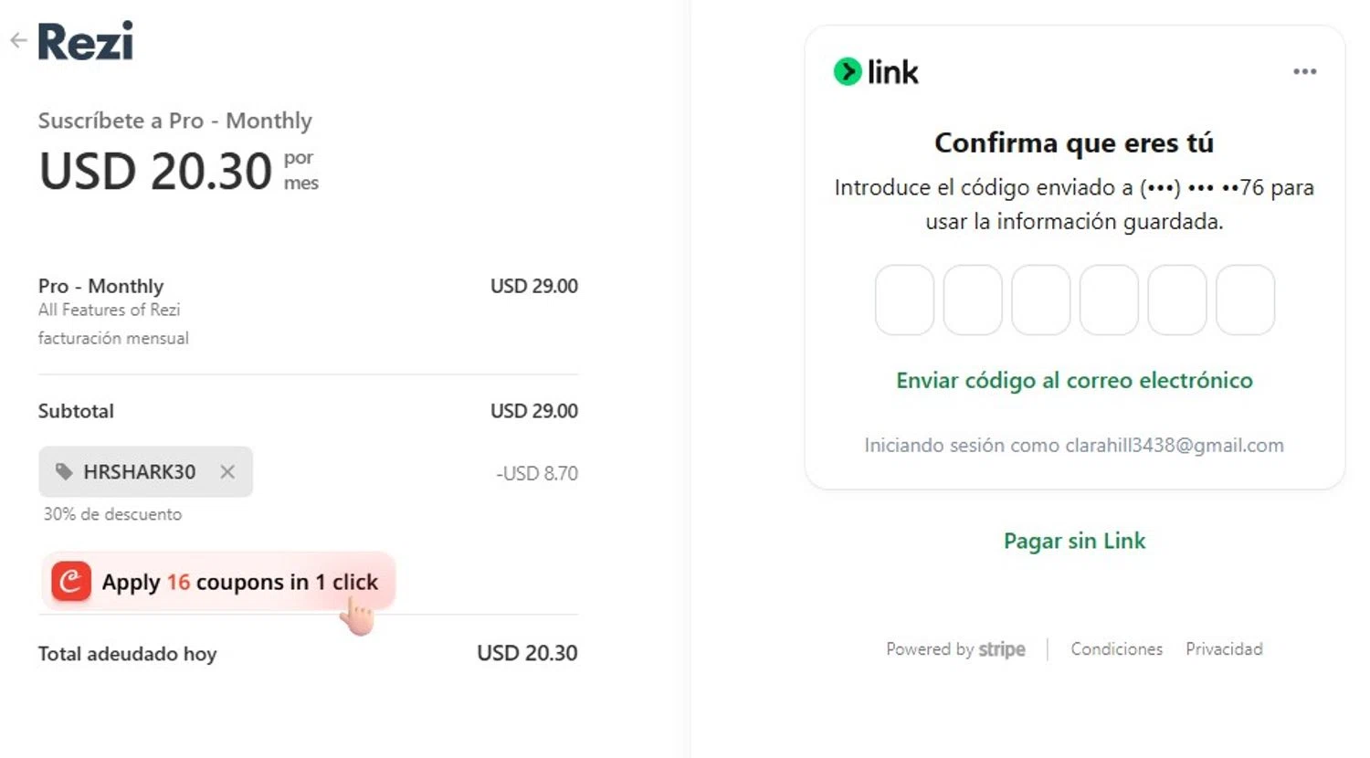 Rezi promo code screenshot showing code HRSHARK30 applied at Rezi checkout page. Uploaded by SimplyCodes community member Elcompa on Nov 22, 2025