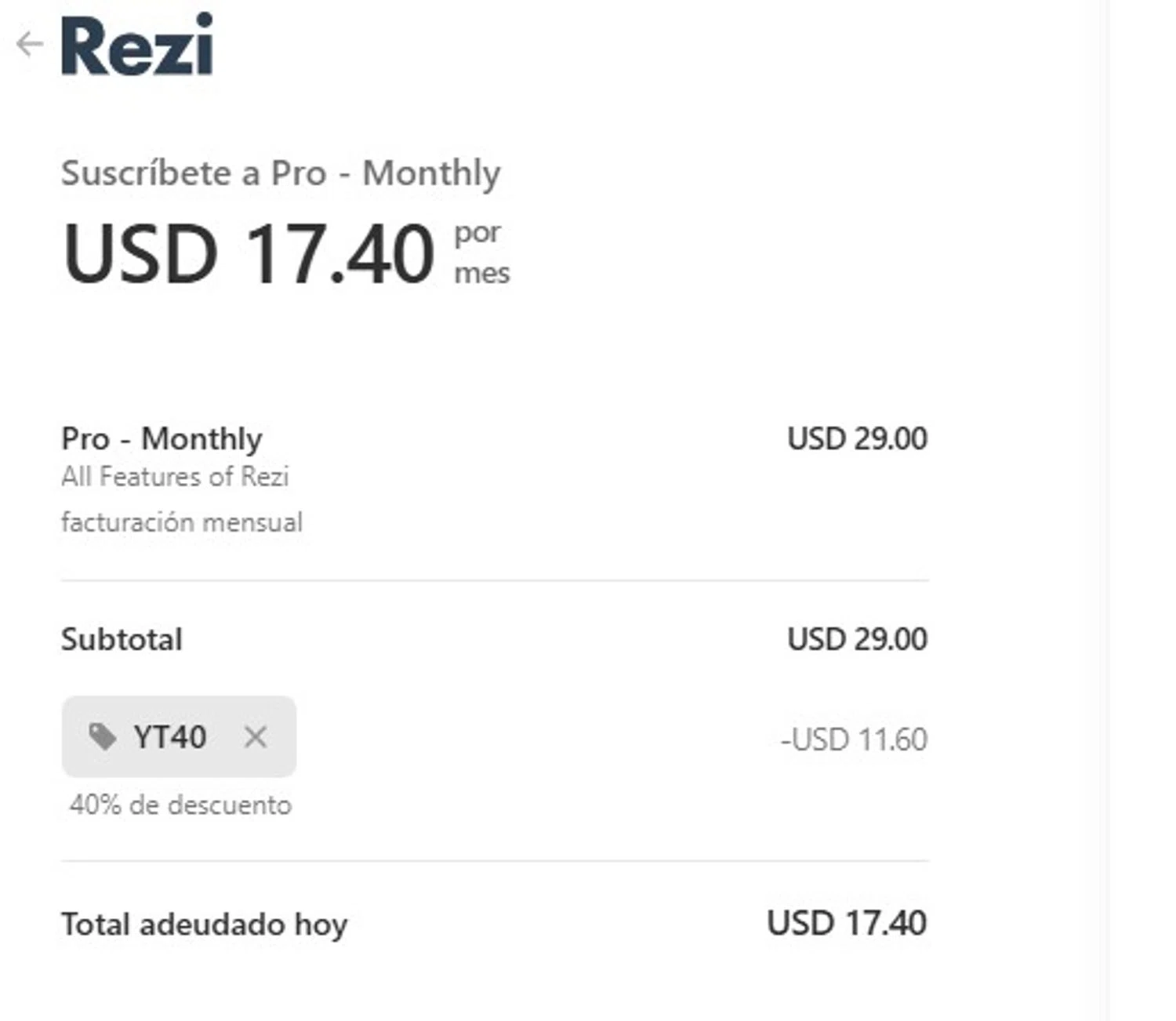 Rezi promo code screenshot showing code YT40 applied at Rezi checkout page. Uploaded by SimplyCodes community member Elcompa on Nov 22, 2025