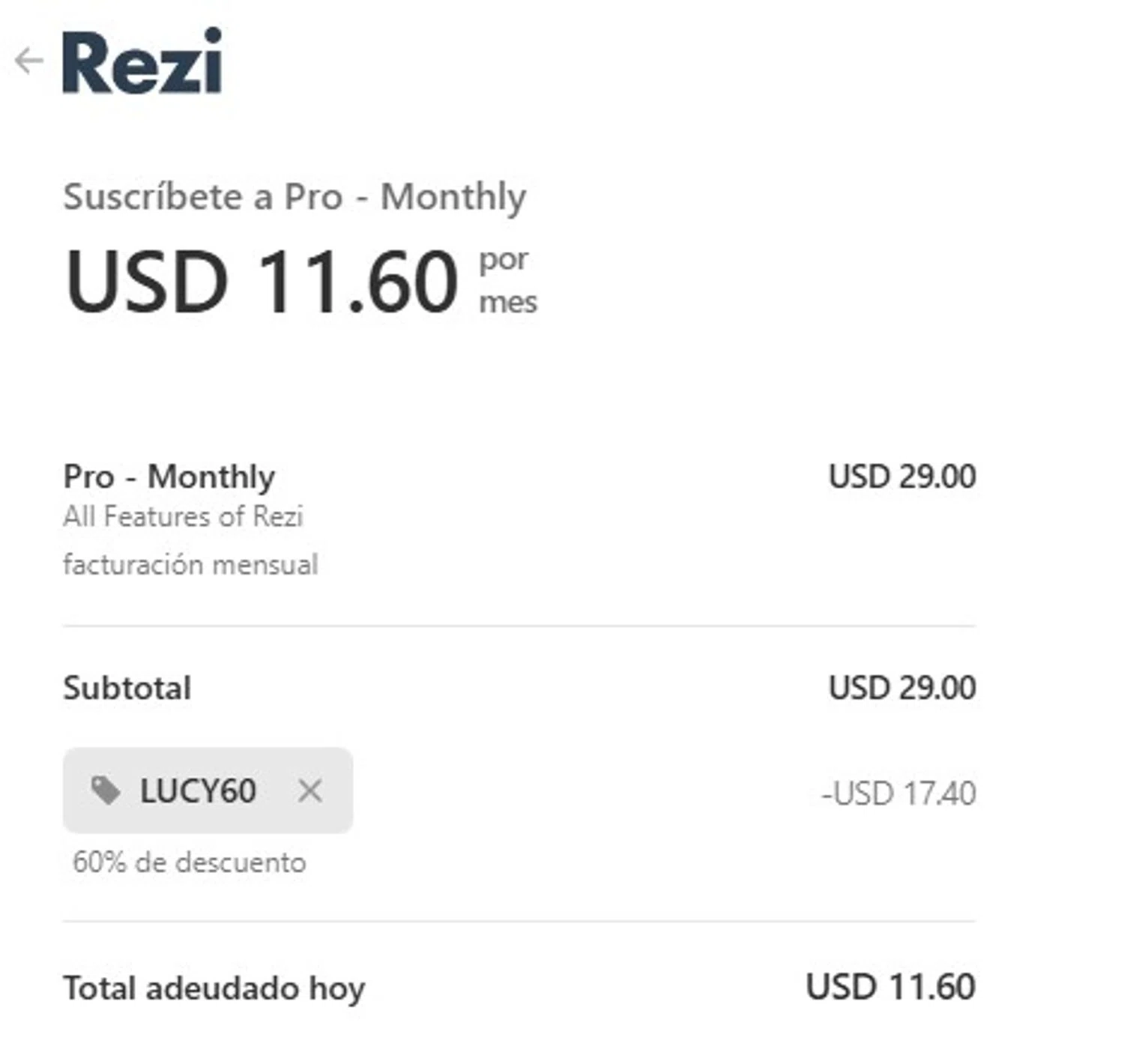 Rezi promo code screenshot showing code LUCY60 applied at Rezi checkout page. Uploaded by SimplyCodes community member Elcompa on Nov 22, 2025
