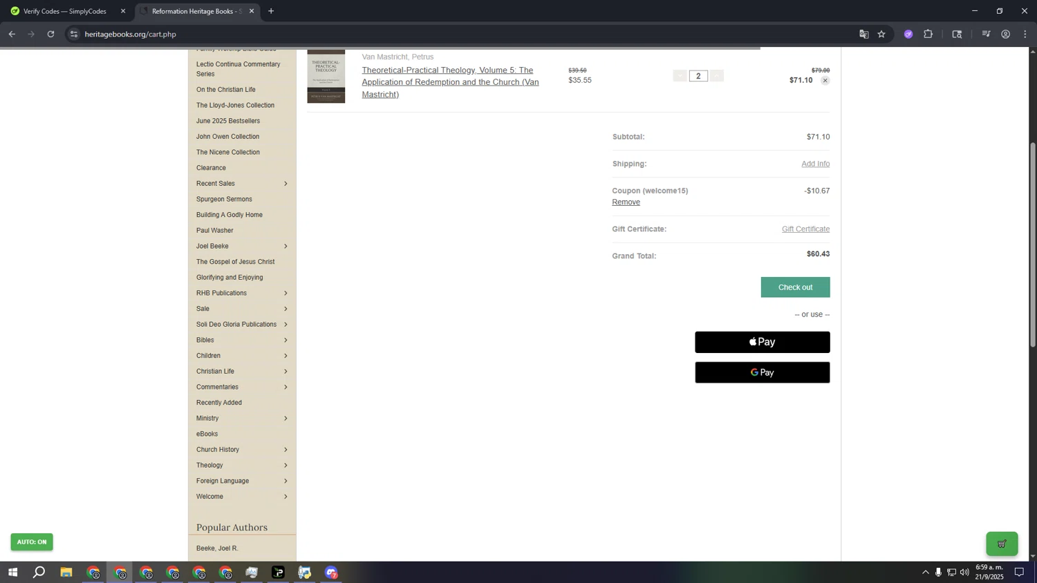 Reformation Heritage Books checkout page showing Reformation Heritage Books coupon code box | Screenshot taken by SimplyCodes community member on Sep 21, 2025