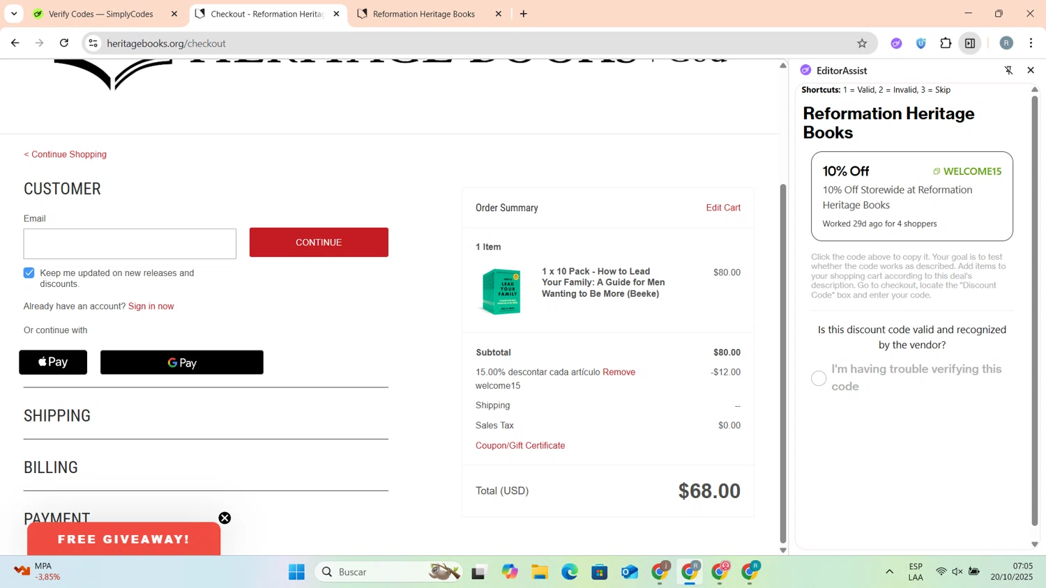 Reformation Heritage Books checkout page showing Reformation Heritage Books coupon code box | Screenshot taken by SimplyCodes community member on Oct 20, 2025