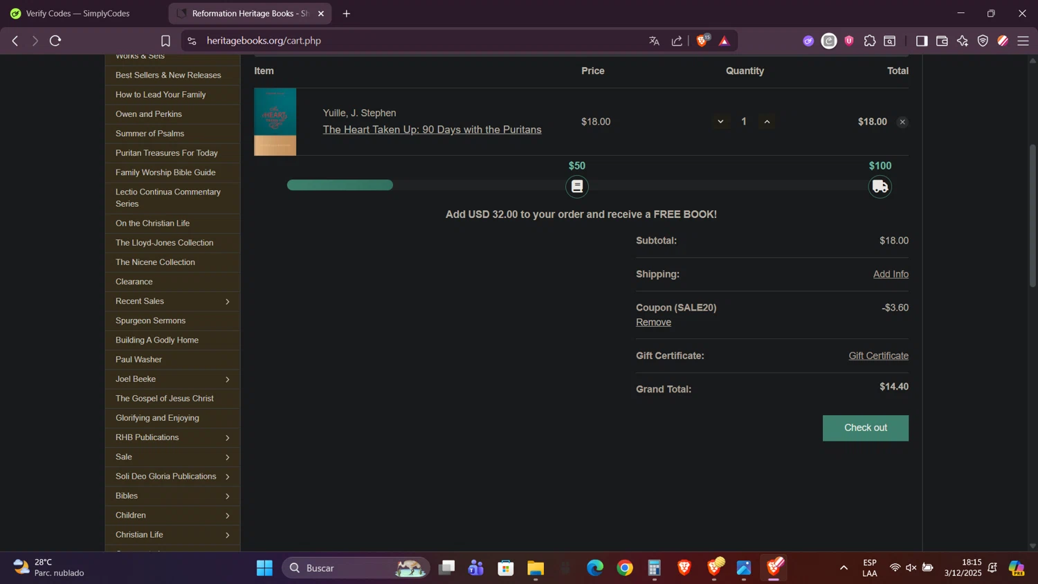 Reformation Heritage Books checkout page showing Reformation Heritage Books coupon code box | Screenshot taken by SimplyCodes community member on Dec 3, 2025