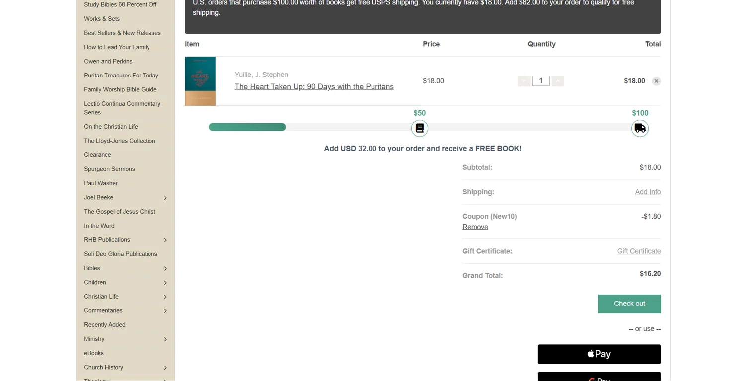Reformation Heritage Books coupon code screenshot showing code NEW10 applied at Reformation Heritage Books checkout page. Uploaded by SimplyCodes community member Lanzaa on Dec 9, 2025
