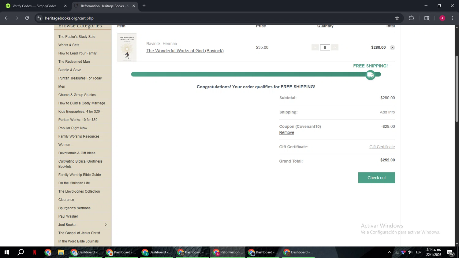Reformation Heritage Books coupon code screenshot showing code Covenant10 applied at Reformation Heritage Books checkout page. Uploaded by SimplyCodes community member BMWGS1200 on Jan 22, 2026