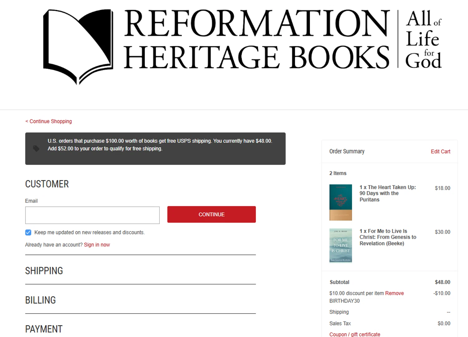 Reformation Heritage Books coupon code screenshot showing code BIRTHDAY30 applied at Reformation Heritage Books checkout page. Uploaded by SimplyCodes community member jesspea on Dec 9, 2025