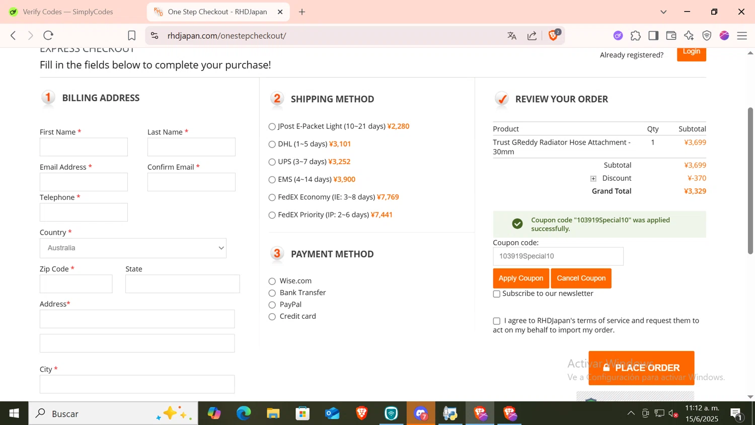 RHDJapan promo code screenshot showing code 103919Special10 applied at RHDJapan checkout page. Uploaded by SimplyCodes community member CODMOBILE1 on Jun 15, 2025