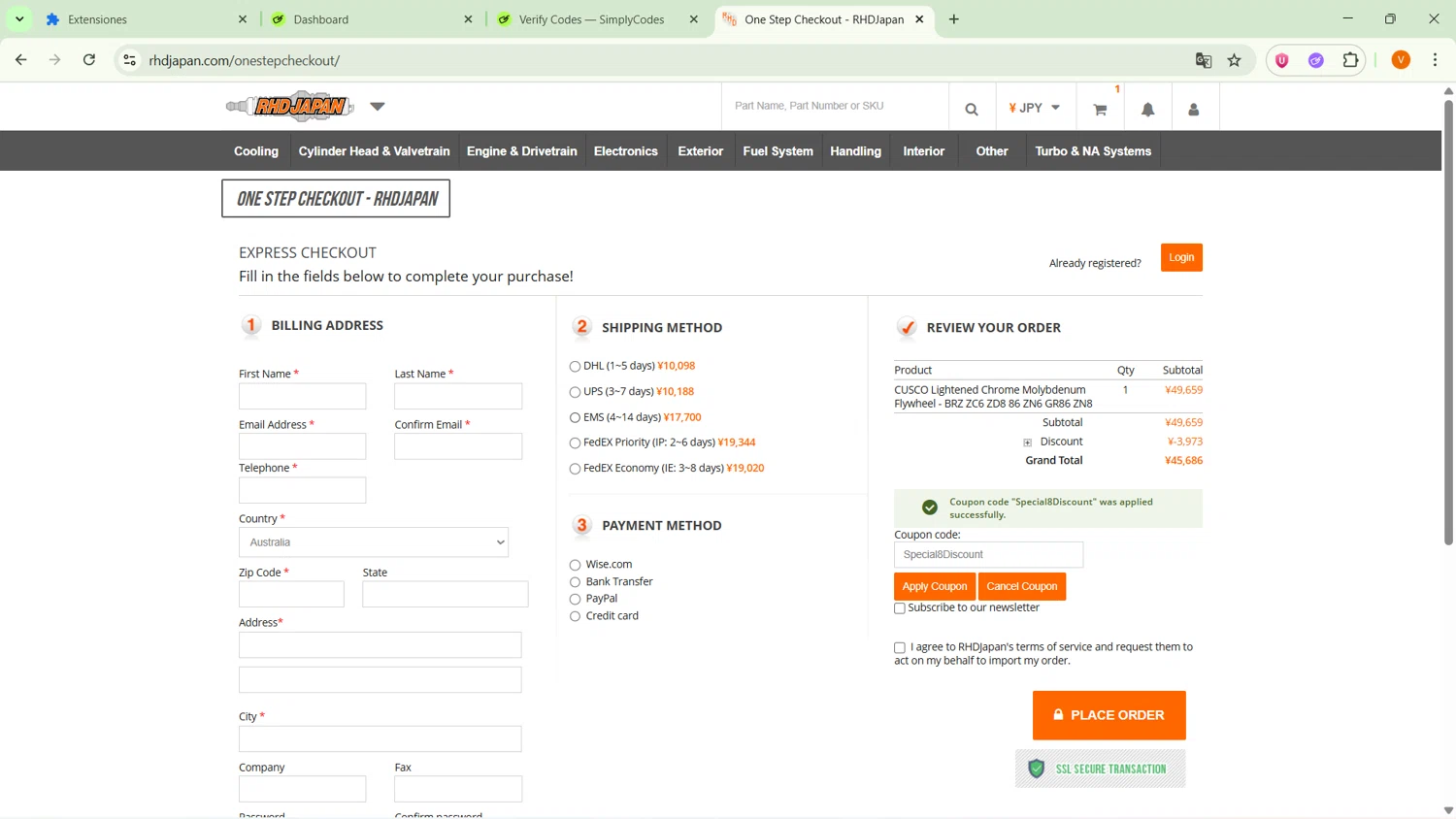 RHDJapan promo code screenshot showing code Special8Discount applied at RHDJapan checkout page. Uploaded by SimplyCodes community member ExtraordinarySaver9637 on Aug 13, 2025