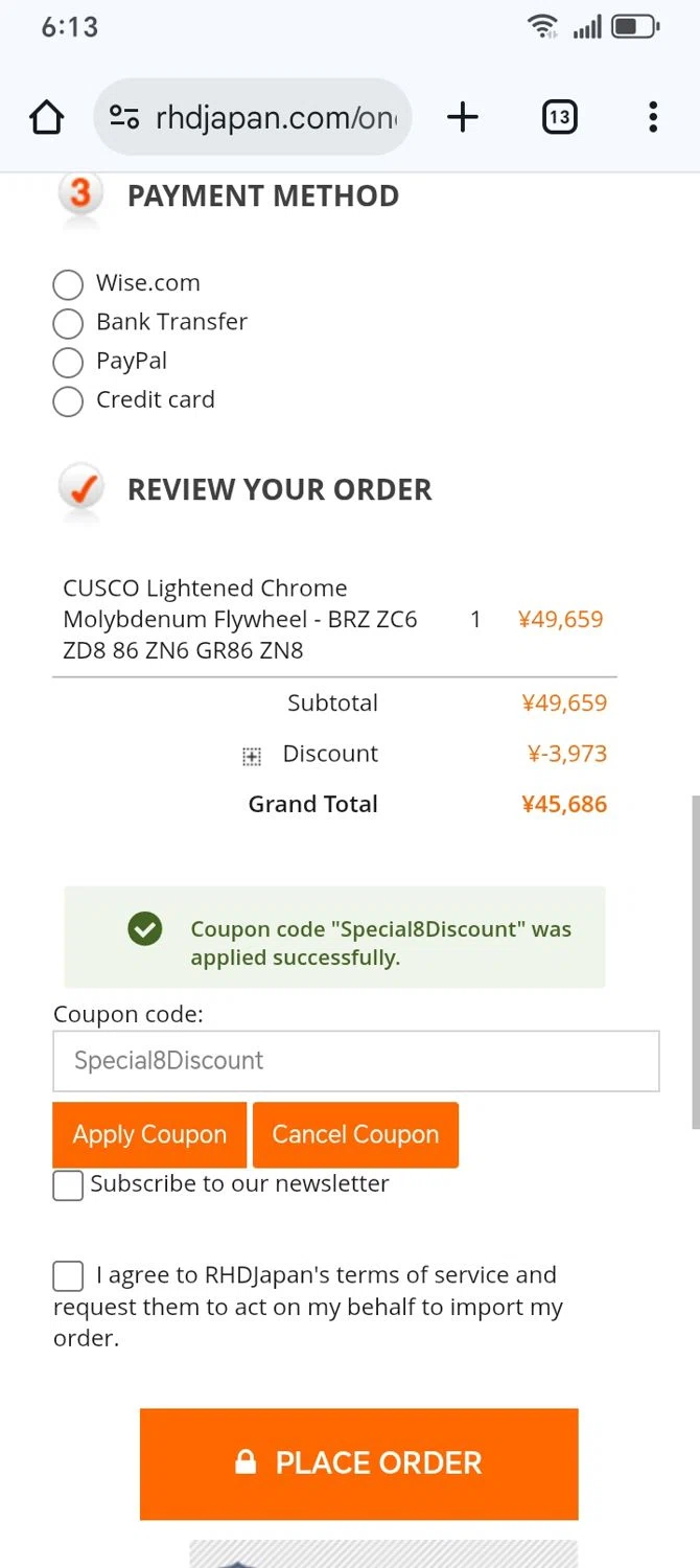RHDJapan promo code screenshot showing code Special8Discount applied at RHDJapan checkout page. Uploaded by SimplyCodes community member franksanchez on Sep 24, 2025