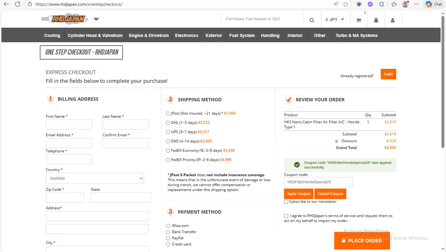 RHDJapan promo code screenshot showing code HKSFilterHondaSpecial20 applied at RHDJapan checkout page. Uploaded by SimplyCodes community member Franco20 on Nov 30, 2025