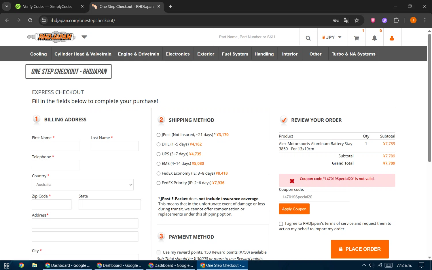 RHDJapan promo code screenshot showing code 147019Special20 applied at RHDJapan checkout page. Uploaded by SimplyCodes community member EpicHero3141 on Aug 15, 2025