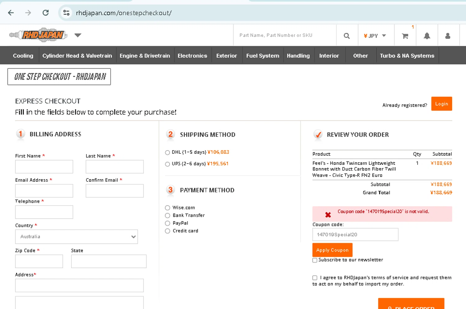 RHDJapan promo code screenshot showing code 147019Special20 applied at RHDJapan checkout page. Uploaded by SimplyCodes community member TokenMonarch796 on Aug 15, 2025