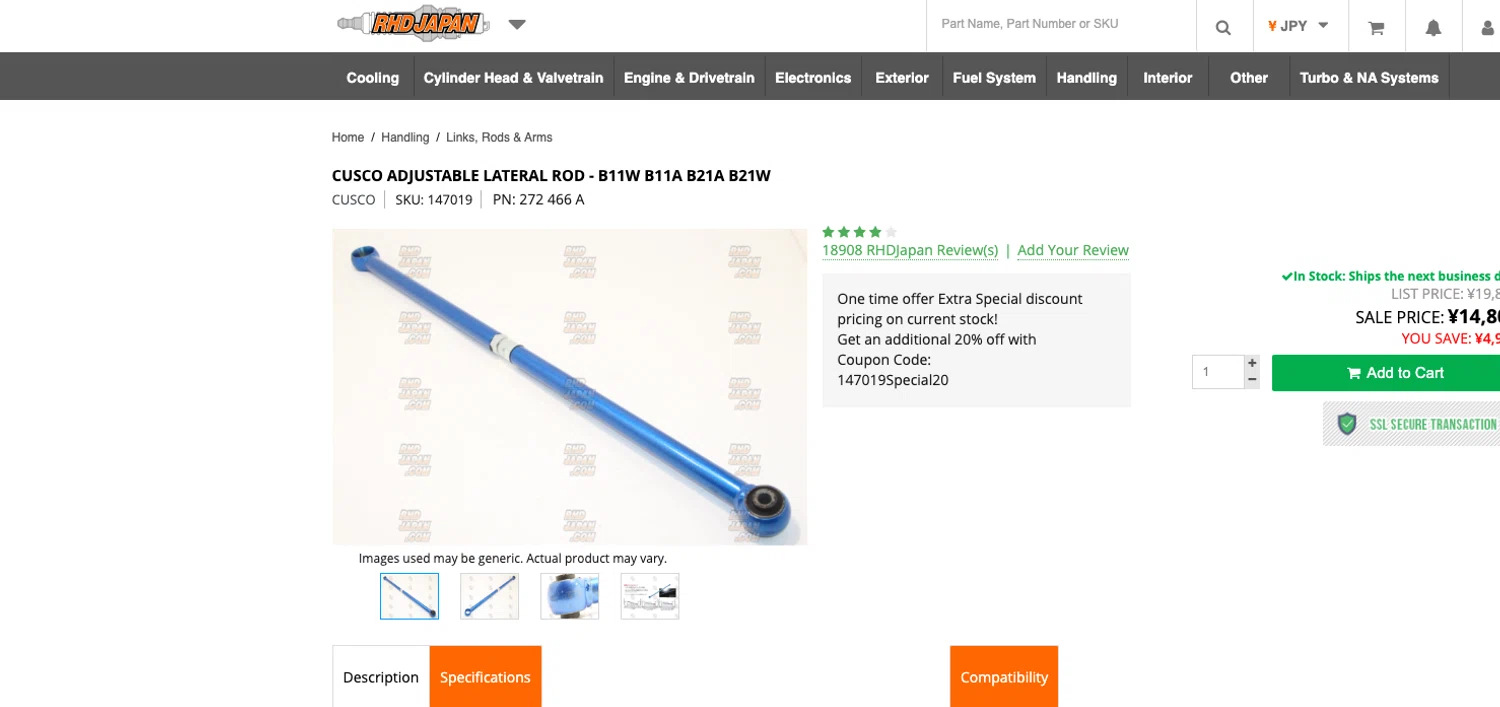 RHDJapan promo code screenshot showing code 147019Special20 applied at RHDJapan checkout page. Uploaded by SimplyCodes community member ELOIN777 on Jan 9, 2026