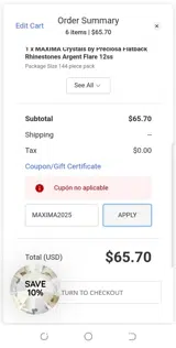 Rhinestones Unlimited coupon verification screenshot