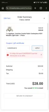 Rhinestones Unlimited coupon verification screenshot