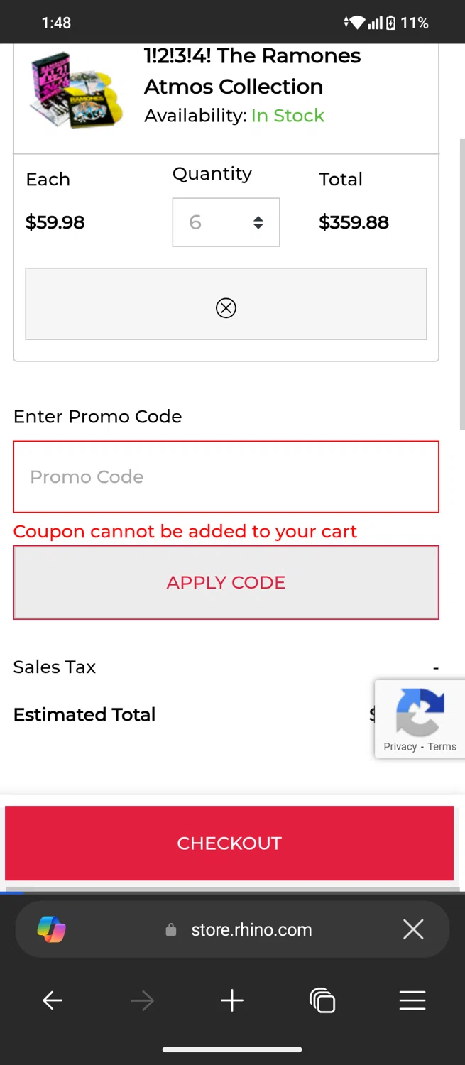 Rhino Entertainment promo code screenshot showing code RUMOURS20 applied at Rhino Entertainment checkout page. Uploaded by SimplyCodes community member MagnificentTiger8908 on Jun 27, 2025