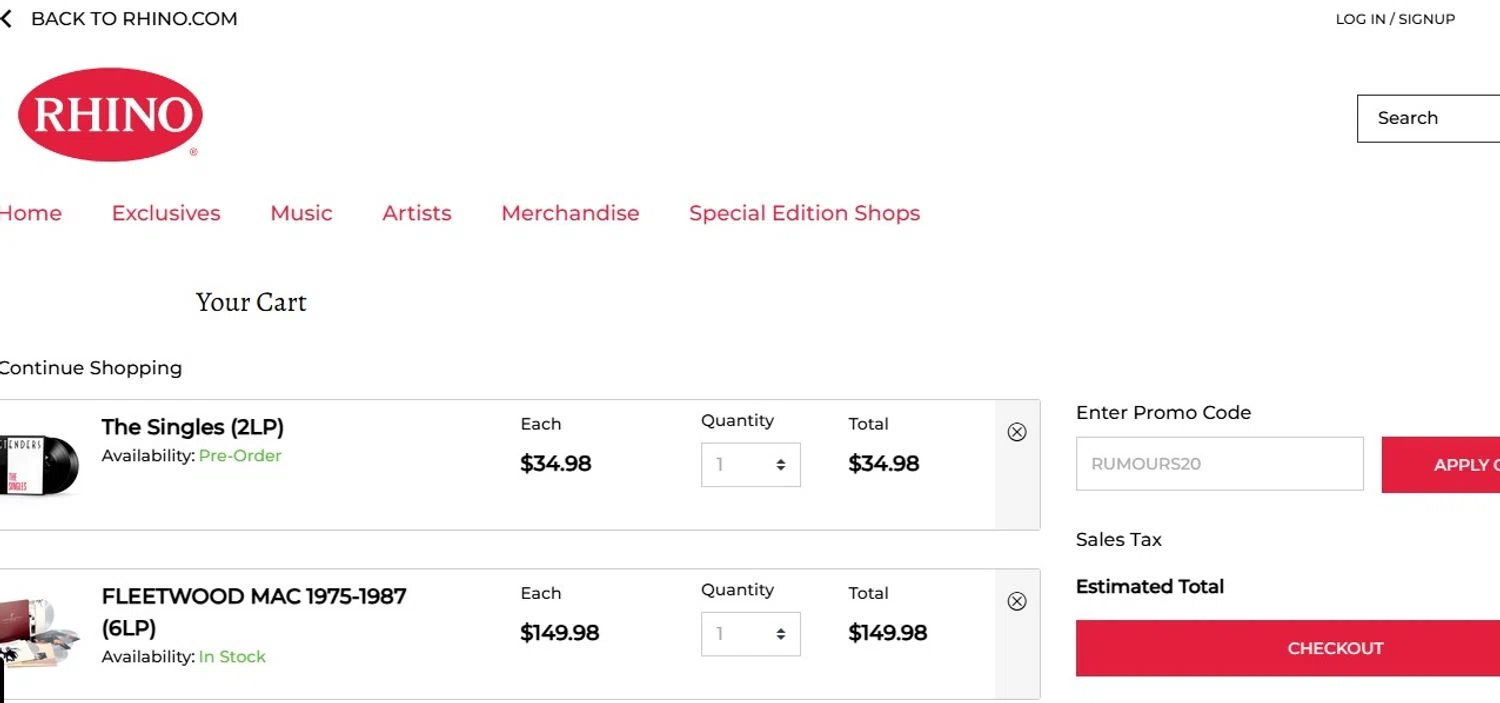 Rhino Entertainment promo code screenshot showing code RUMOURS20 applied at Rhino Entertainment checkout page. Uploaded by SimplyCodes community member Olorinnnnn on Jun 27, 2025