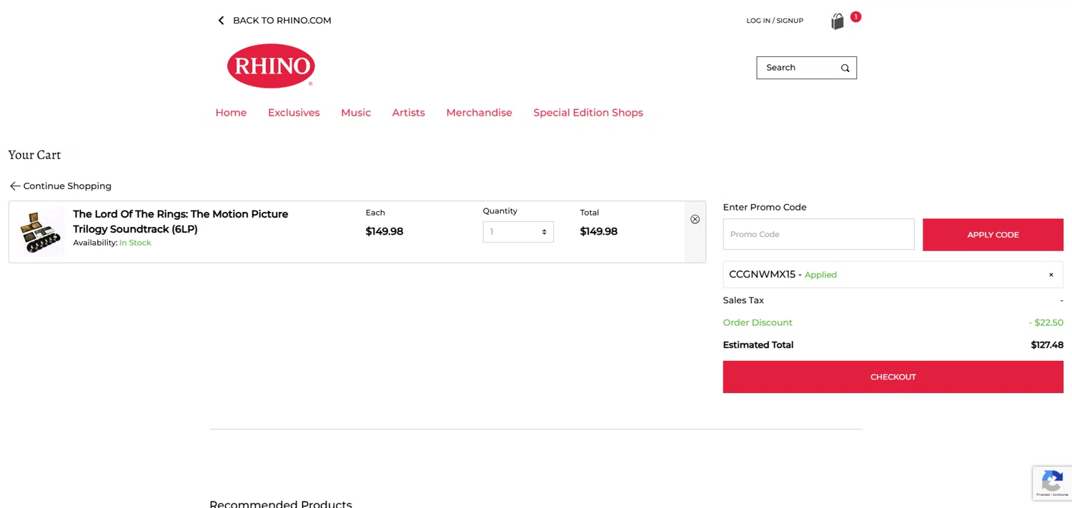 Rhino Entertainment promo code screenshot showing code CCGNWMX15 applied at Rhino Entertainment checkout page. Uploaded by SimplyCodes community member ivantorres on May 23, 2025