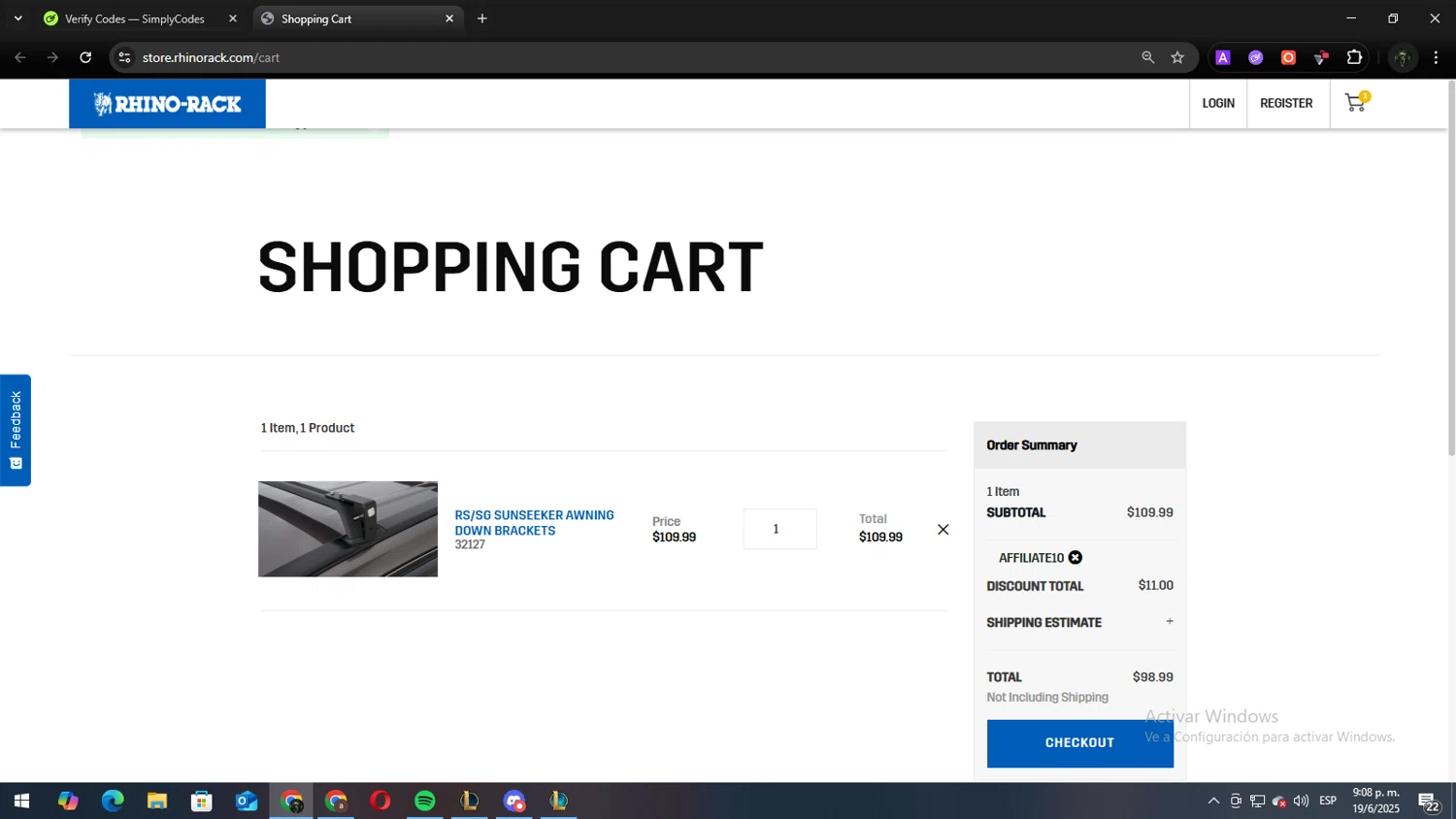 Rhino Rack promo code screenshot showing code AFFILIATE10 applied at Rhino Rack checkout page. Uploaded by SimplyCodes community member Andy2323 on Jun 20, 2025