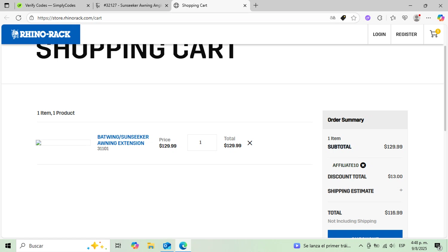 Rhino Rack promo code screenshot showing code AFFILIATE10 applied at Rhino Rack checkout page. Uploaded by SimplyCodes community member DiscountCurator2907 on Aug 9, 2025