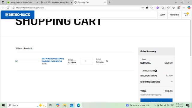 Rhino Rack checkout page showing Rhino Rack promo code box | Screenshot taken by SimplyCodes community member on Aug 9, 2025