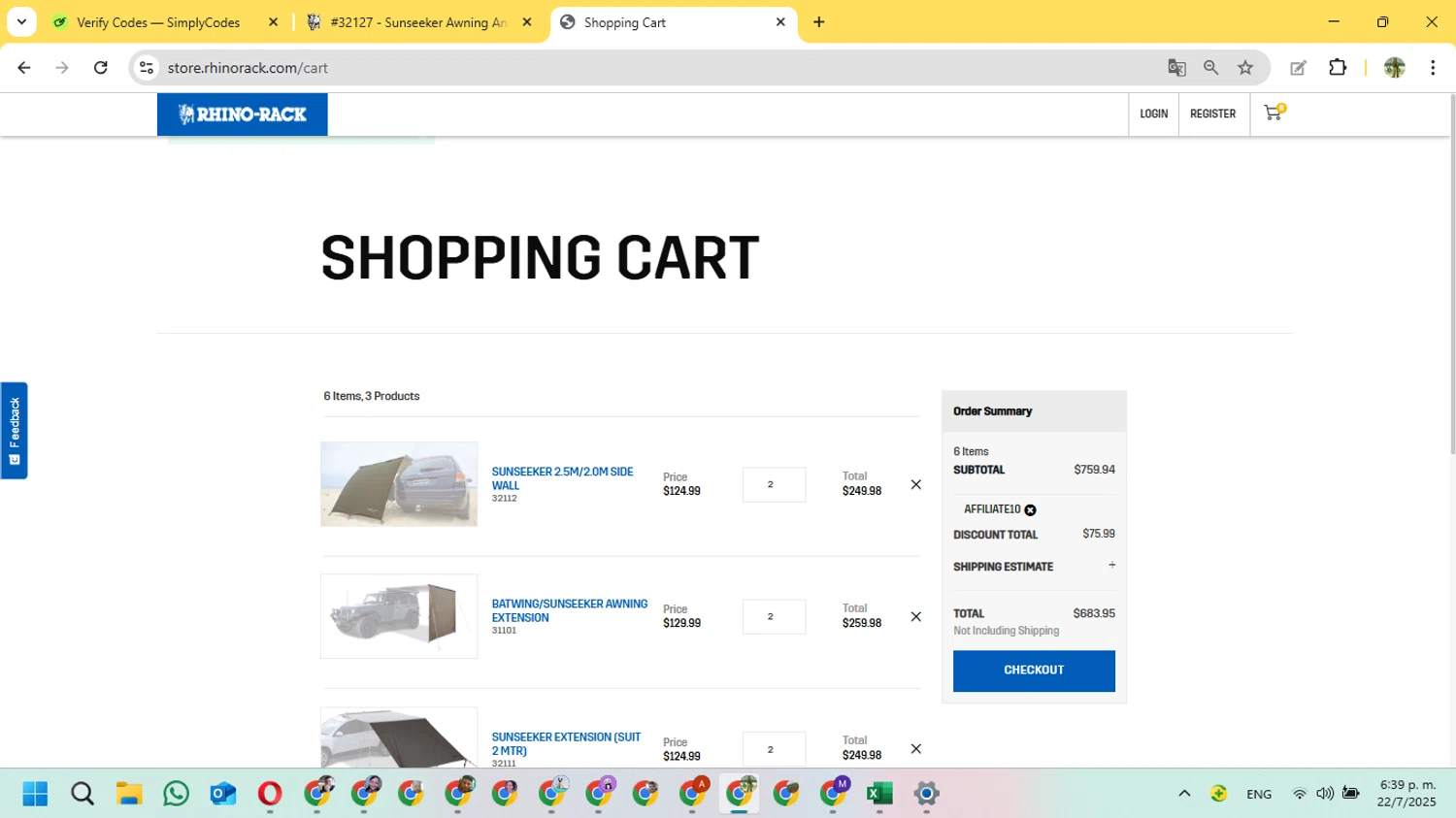 Rhino Rack promo code screenshot showing code AFFILIATE10 applied at Rhino Rack checkout page. Uploaded by SimplyCodes community member FundoSinai on Jul 22, 2025