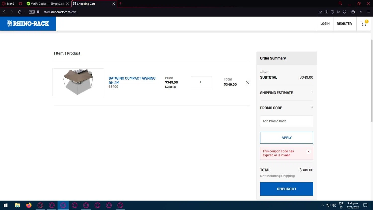 Rhino Rack promo code screenshot showing code RRSAVE10 applied at Rhino Rack checkout page. Uploaded by SimplyCodes community member Juancarloscone361 on Jan 12, 2025