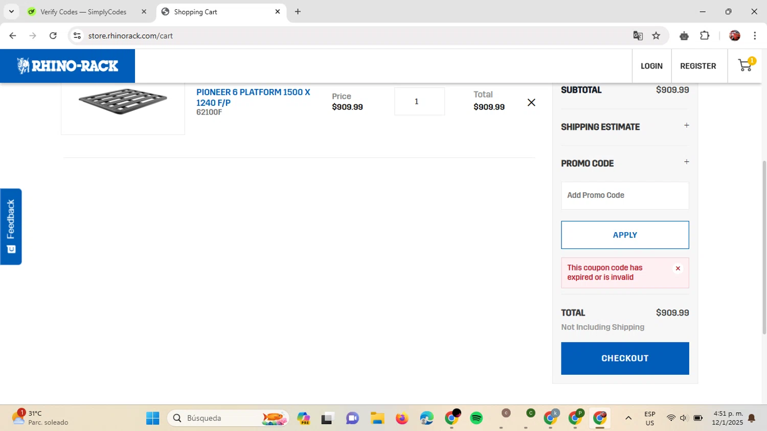 Rhino Rack promo code screenshot showing code RRSAVE10 applied at Rhino Rack checkout page. Uploaded by SimplyCodes community member GloriousDefender7889 on Jan 12, 2025