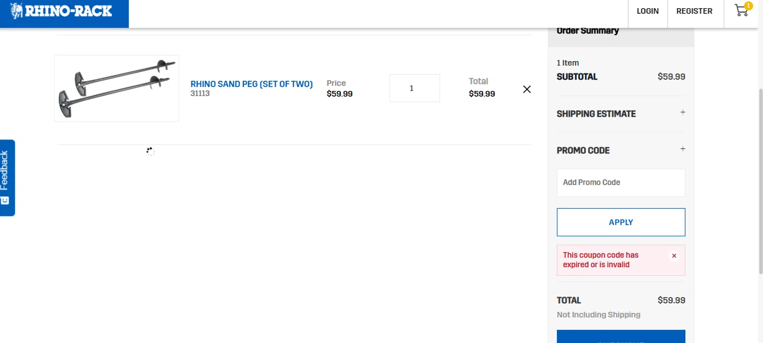Rhino Rack promo code screenshot showing code RRSAVE10 applied at Rhino Rack checkout page. Uploaded by SimplyCodes community member SmartLion6283 on Jan 12, 2025