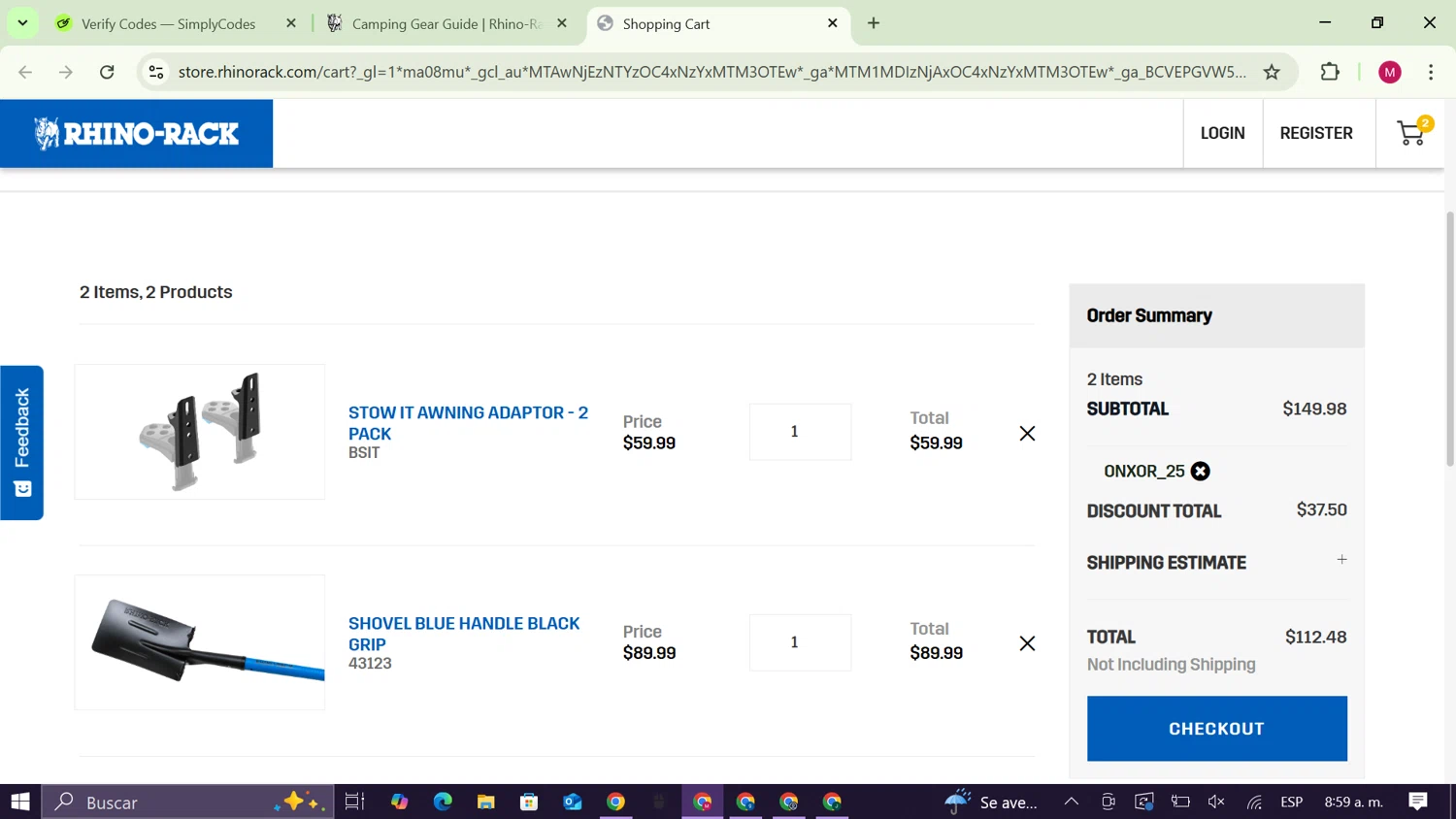 Rhino Rack promo code screenshot showing code ONXOR_25 applied at Rhino Rack checkout page. Uploaded by SimplyCodes community member CouponAce9216 on Oct 22, 2025