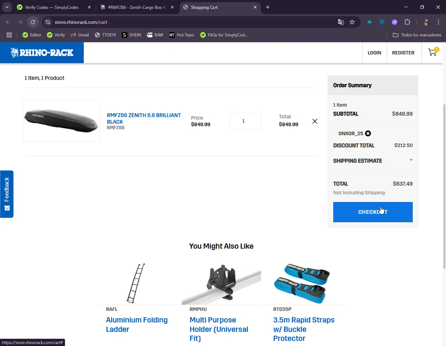 Rhino Rack promo code screenshot showing code ONXOR_25 applied at Rhino Rack checkout page. Uploaded by SimplyCodes community member DonGato on Jun 20, 2025
