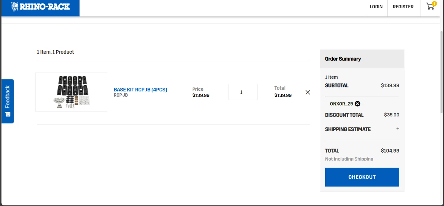 Rhino Rack promo code screenshot showing code ONXOR_25 applied at Rhino Rack checkout page. Uploaded by SimplyCodes community member Nicoletorres on Sep 23, 2025