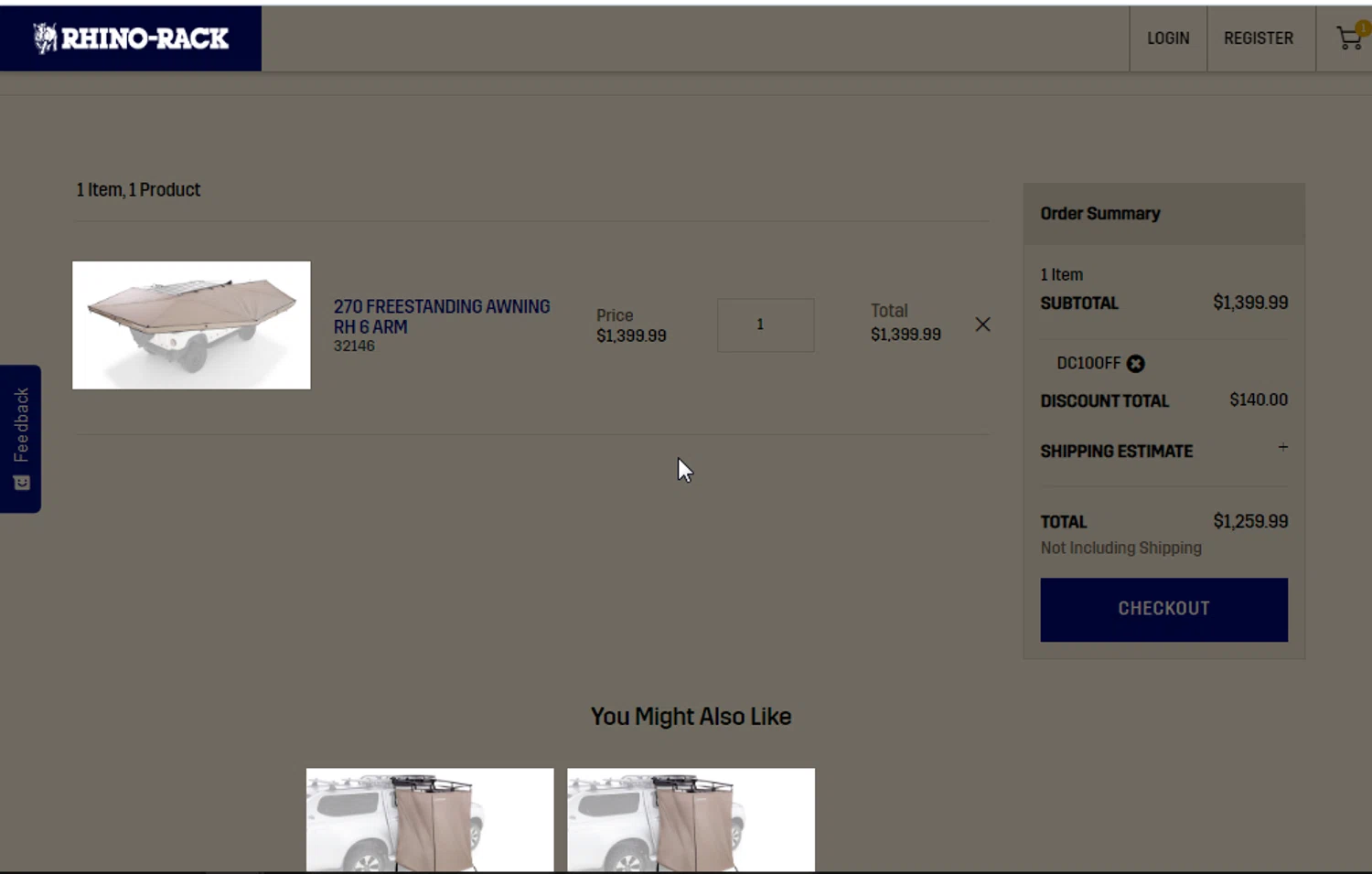 Rhino Rack promo code screenshot showing code dc10off applied at Rhino Rack checkout page. Uploaded by SimplyCodes community member IFeelGood3 on May 15, 2025