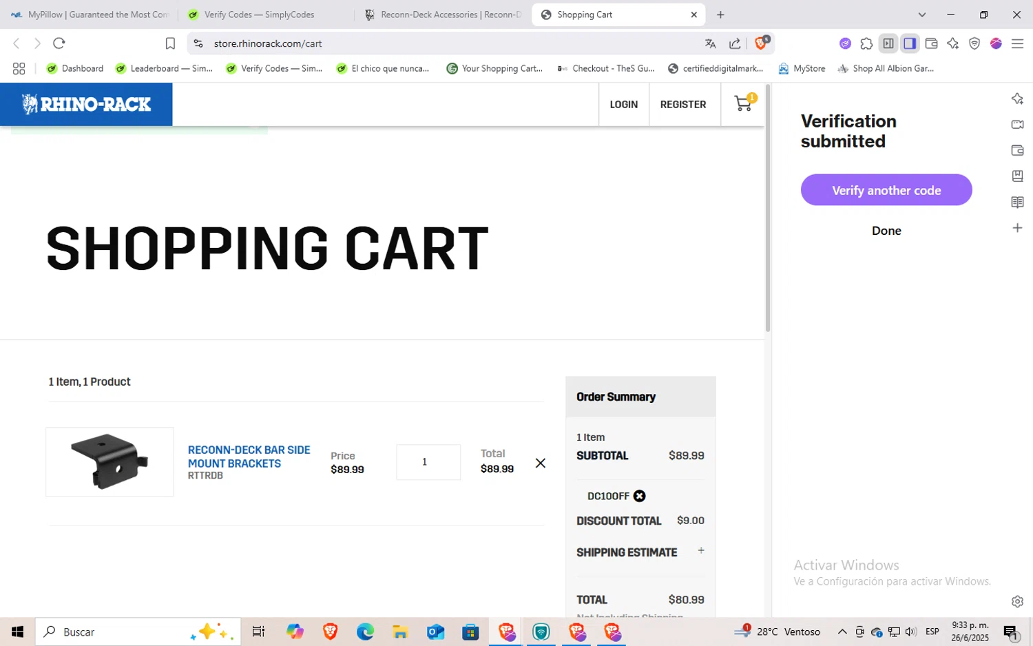 Rhino Rack promo code screenshot showing code dc10off applied at Rhino Rack checkout page. Uploaded by SimplyCodes community member Rayyyyyy on Jun 27, 2025
