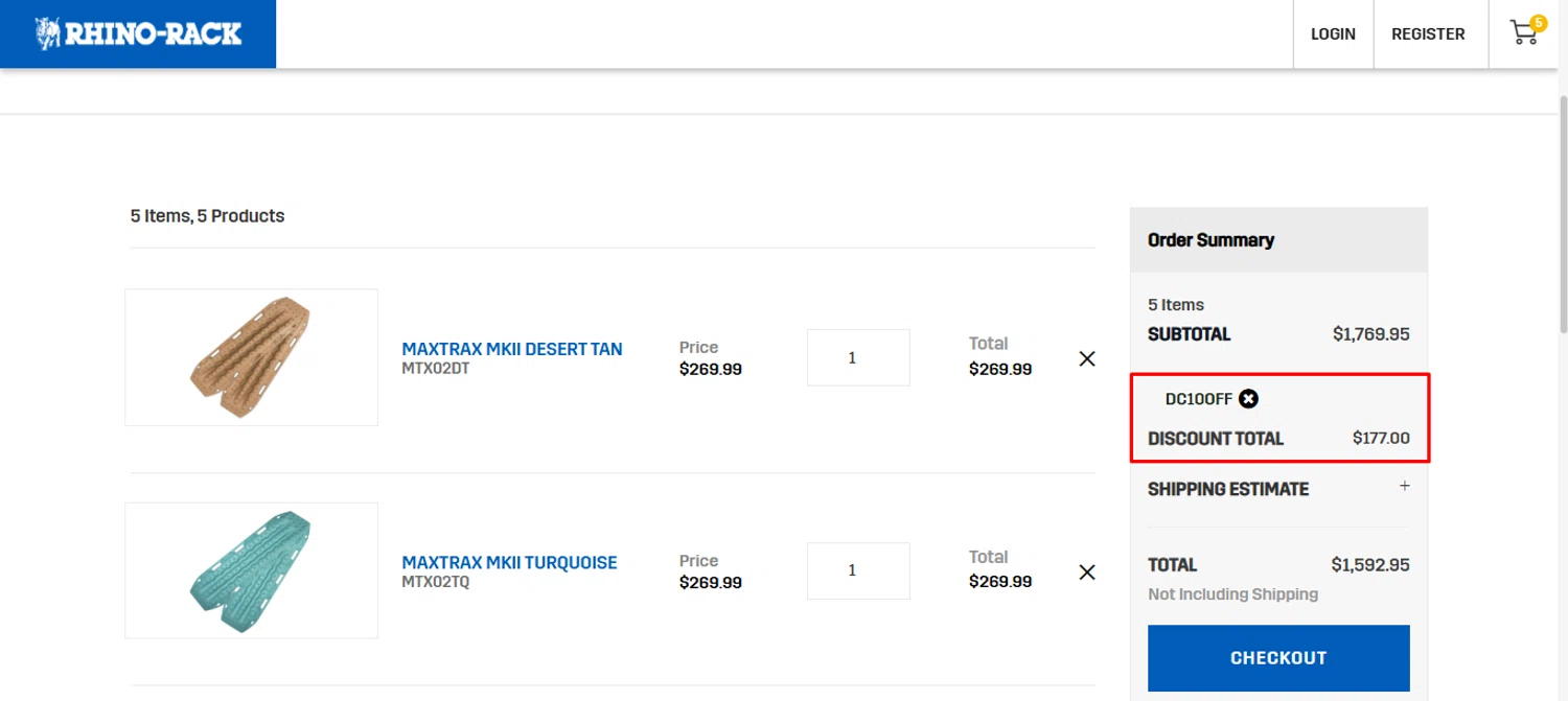 Rhino Rack promo code screenshot showing code dc10off applied at Rhino Rack checkout page. Uploaded by SimplyCodes community member noworries on Jun 20, 2025