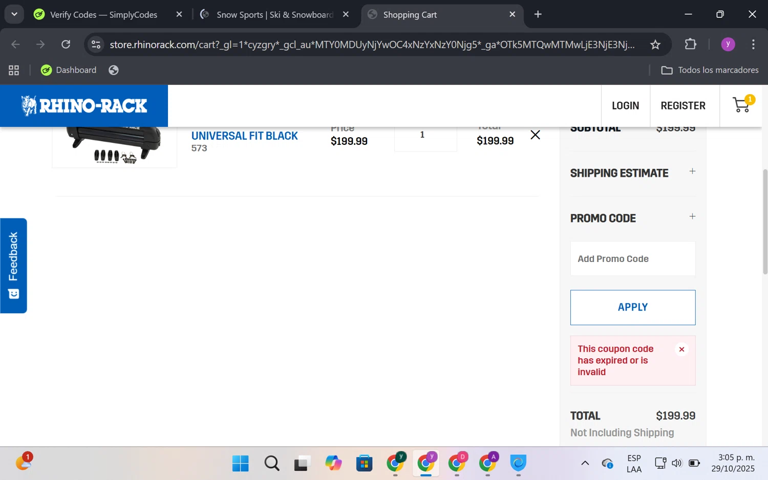Rhino Rack promo code screenshot showing code readyforsnow applied at Rhino Rack checkout page. Uploaded by SimplyCodes community member FrugalKnight6753 on Oct 29, 2025