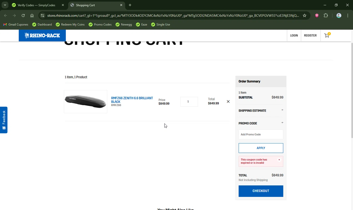 Rhino Rack promo code screenshot showing code readyforsnow applied at Rhino Rack checkout page. Uploaded by SimplyCodes community member LHaunter2 on Oct 29, 2025